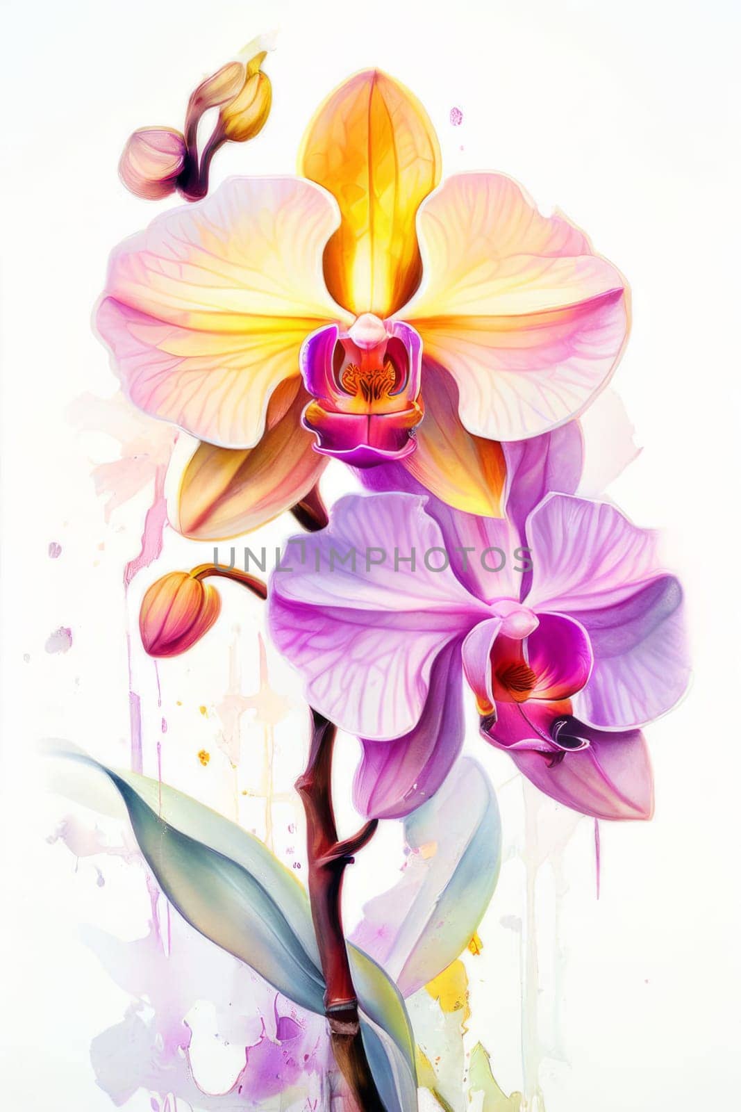 Charming orchids in yellow and purple tones with lush green leaves, positioned against deep starry backdrop, perfect for floral-themed designs and elegant nature-inspired projects