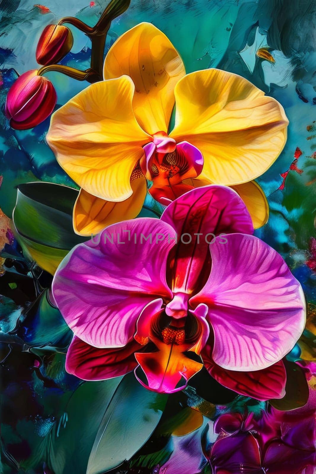 Elegant yellow and purple orchids with delicate petals and rich green leaves, set against dark starry background, creating stunning visual for nature lovers and floral art enthusiasts