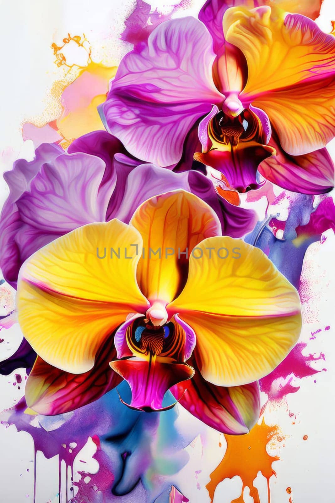 Elegant yellow and purple orchids with delicate petals and rich green leaves, set against dark starry background, creating stunning visual for nature lovers and floral art enthusiasts