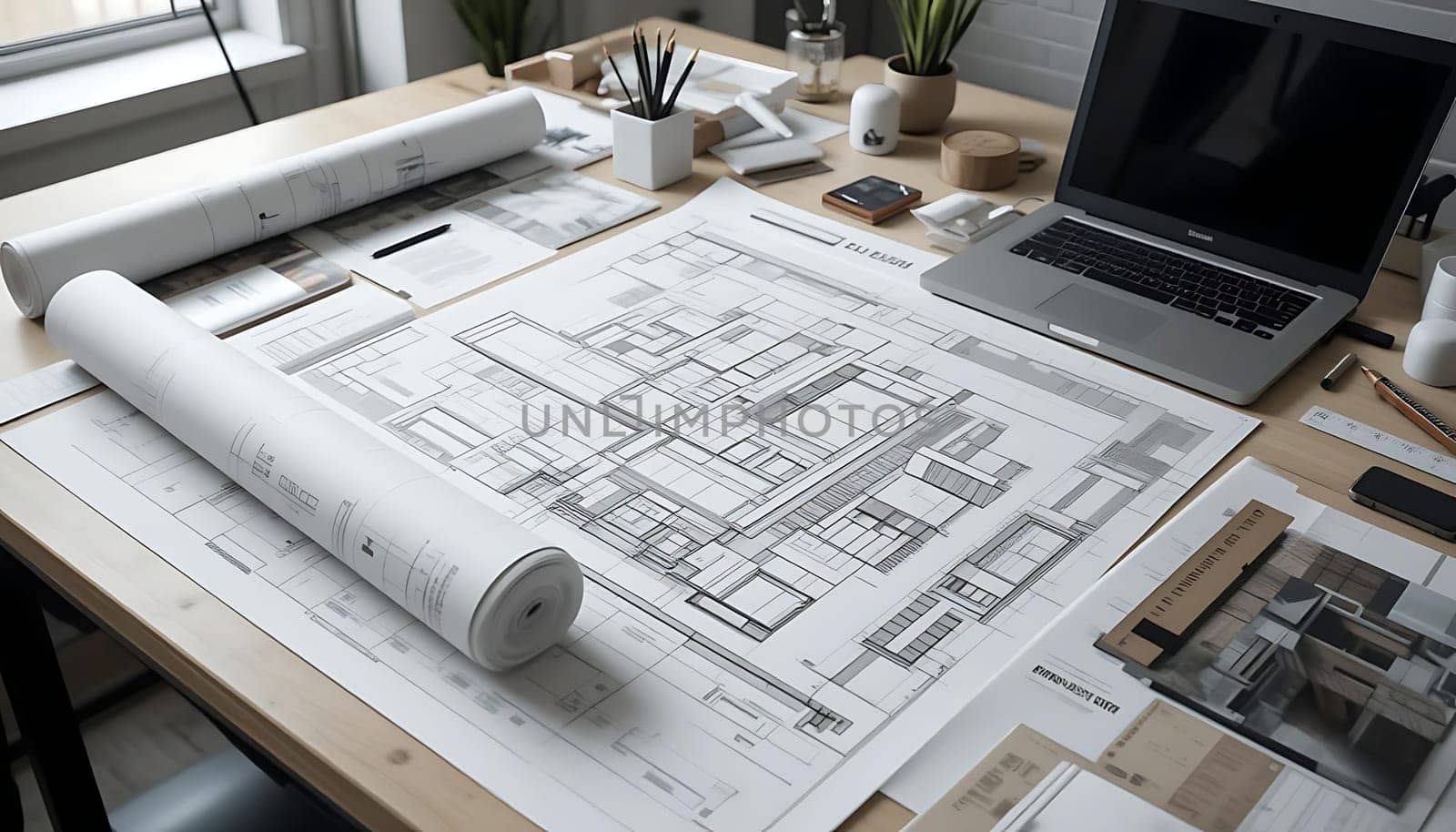 A creative sanctuary bathed in soft light. Blueprints sprawl across the desk, hinting at dreams materializing. Potted greenery breathes life, while the hum of a laptop whispers determination. Hope and ambition intertwine in this quiet, inspired space.