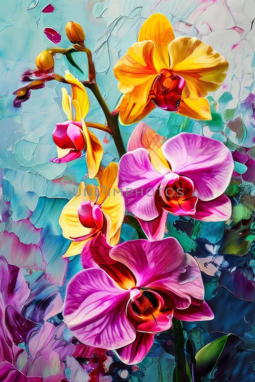 Elegant yellow and purple orchids with delicate petals and rich green leaves, set against dark starry background, creating stunning visual for nature lovers and floral art enthusiasts