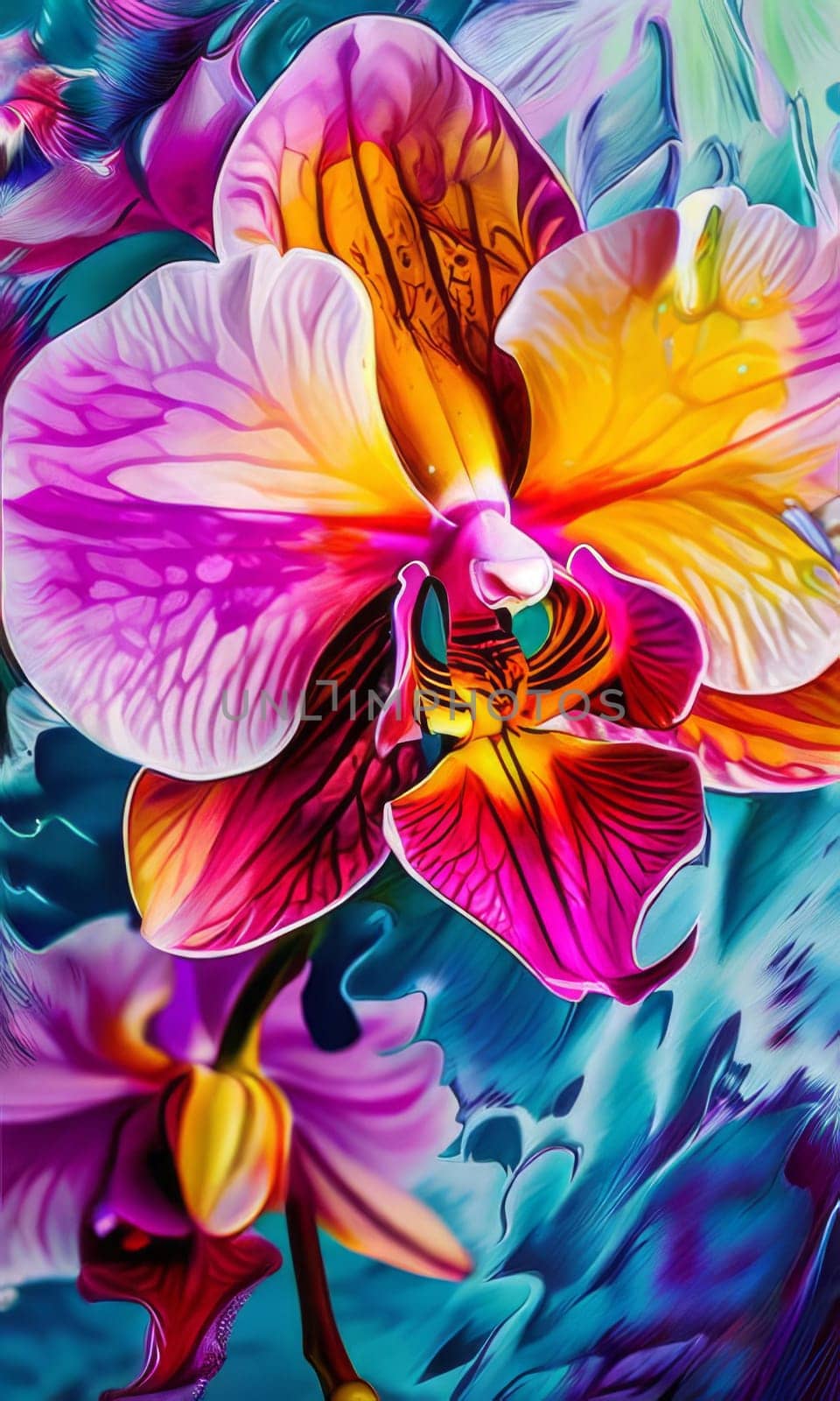 Elegant yellow and purple orchids with delicate petals and rich green leaves, set against dark starry background, creating stunning visual for nature lovers and floral art enthusiasts