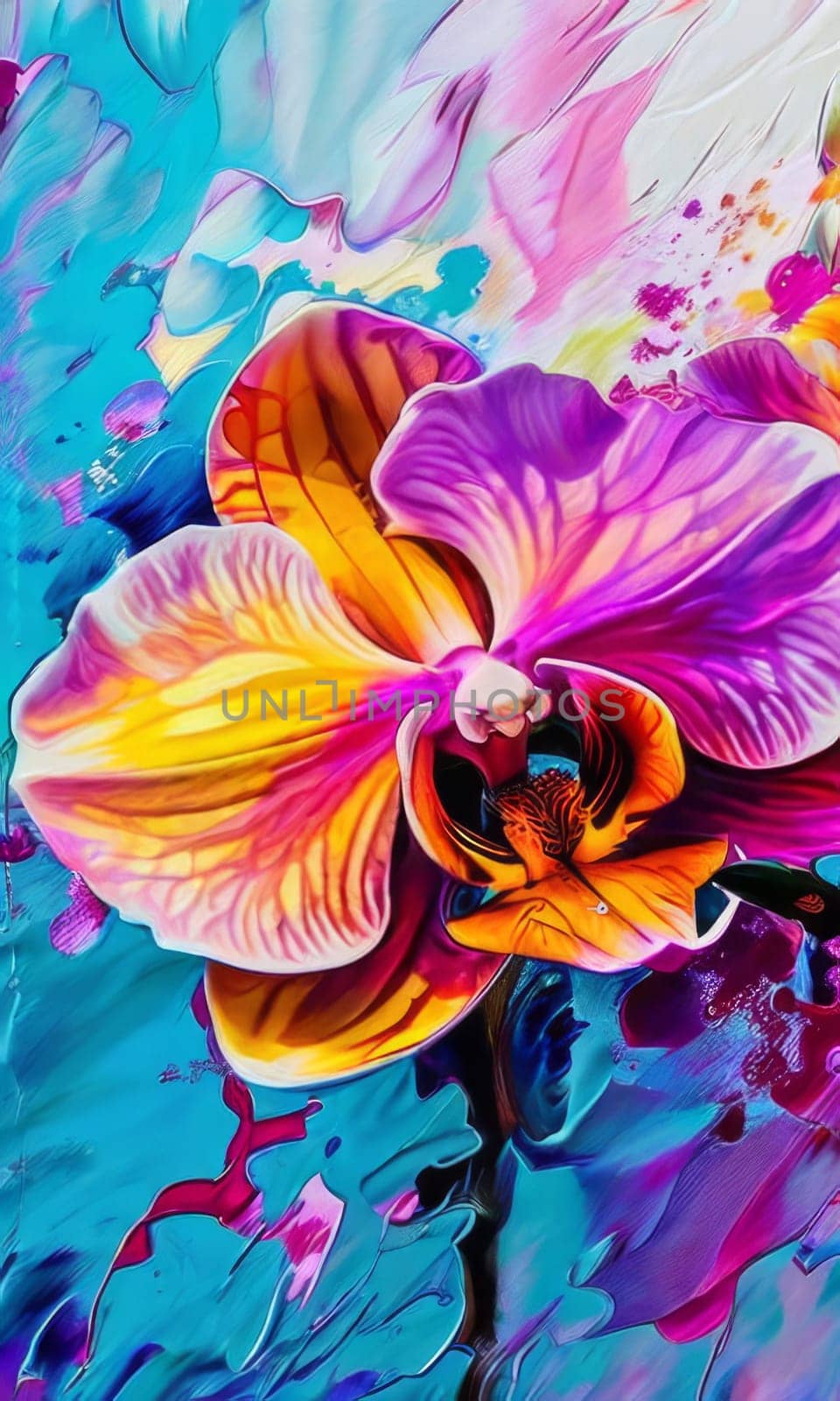 Elegant yellow and purple orchids with delicate petals and rich green leaves, set against dark starry background, creating stunning visual for nature lovers and floral art enthusiasts