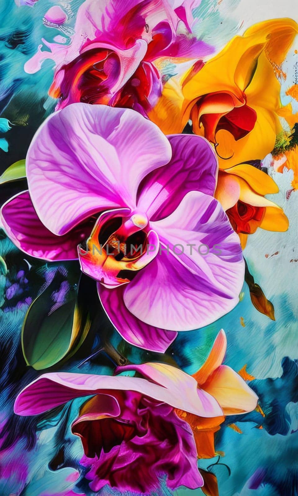 Elegant yellow and purple orchids with delicate petals and rich green leaves, set against dark starry background, creating stunning visual for nature lovers and floral art enthusiasts