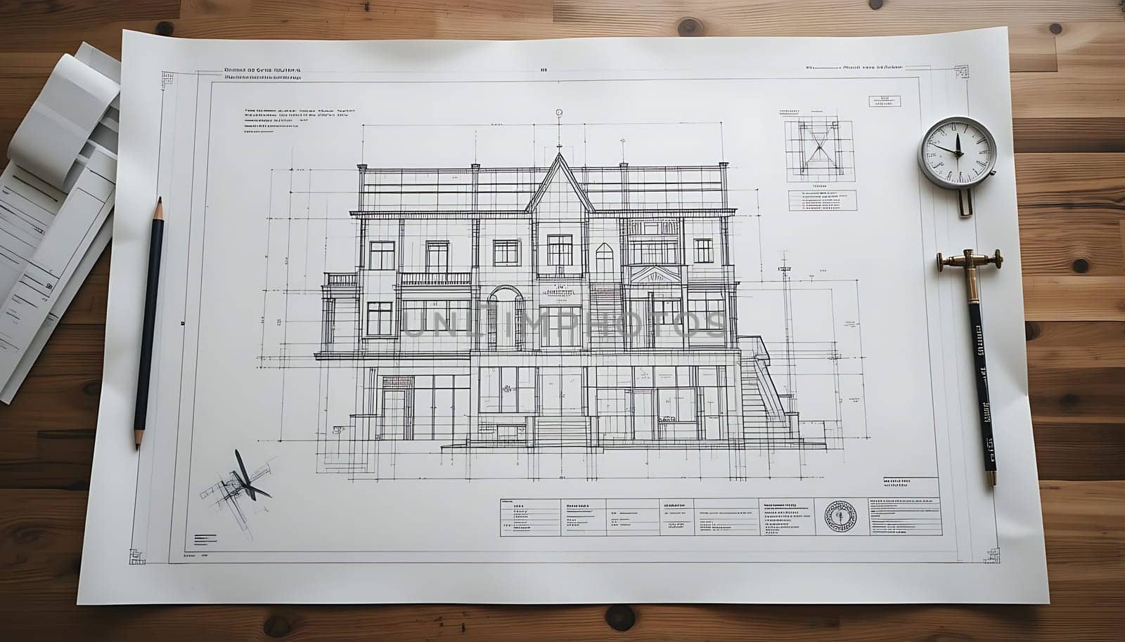 On a rustic wooden table, dreams take shape. Pencil sketches and a clock ticking away time, as meticulous lines form a home, each stroke a promise of shelter, of warmth, of love's architecture.