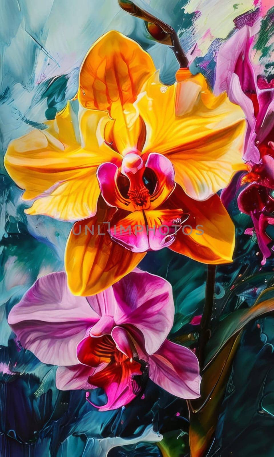 Elegant yellow and purple orchids with delicate petals and rich green leaves, set against dark starry background, creating stunning visual for nature lovers and floral art enthusiasts