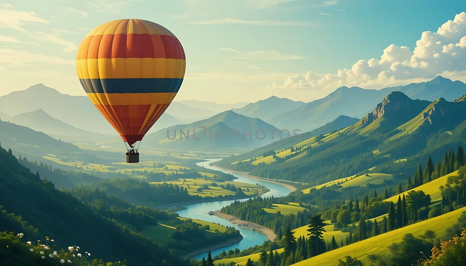 Serene freedom soars above verdant valleys. A hot air balloon dances in the gentle breeze, casting shadows over tranquil rivers. Majestic mountains stand guard as sunlight bathes the landscape in golden warmth. Peace whispers through the leaves, inviting dreams to take flight.
