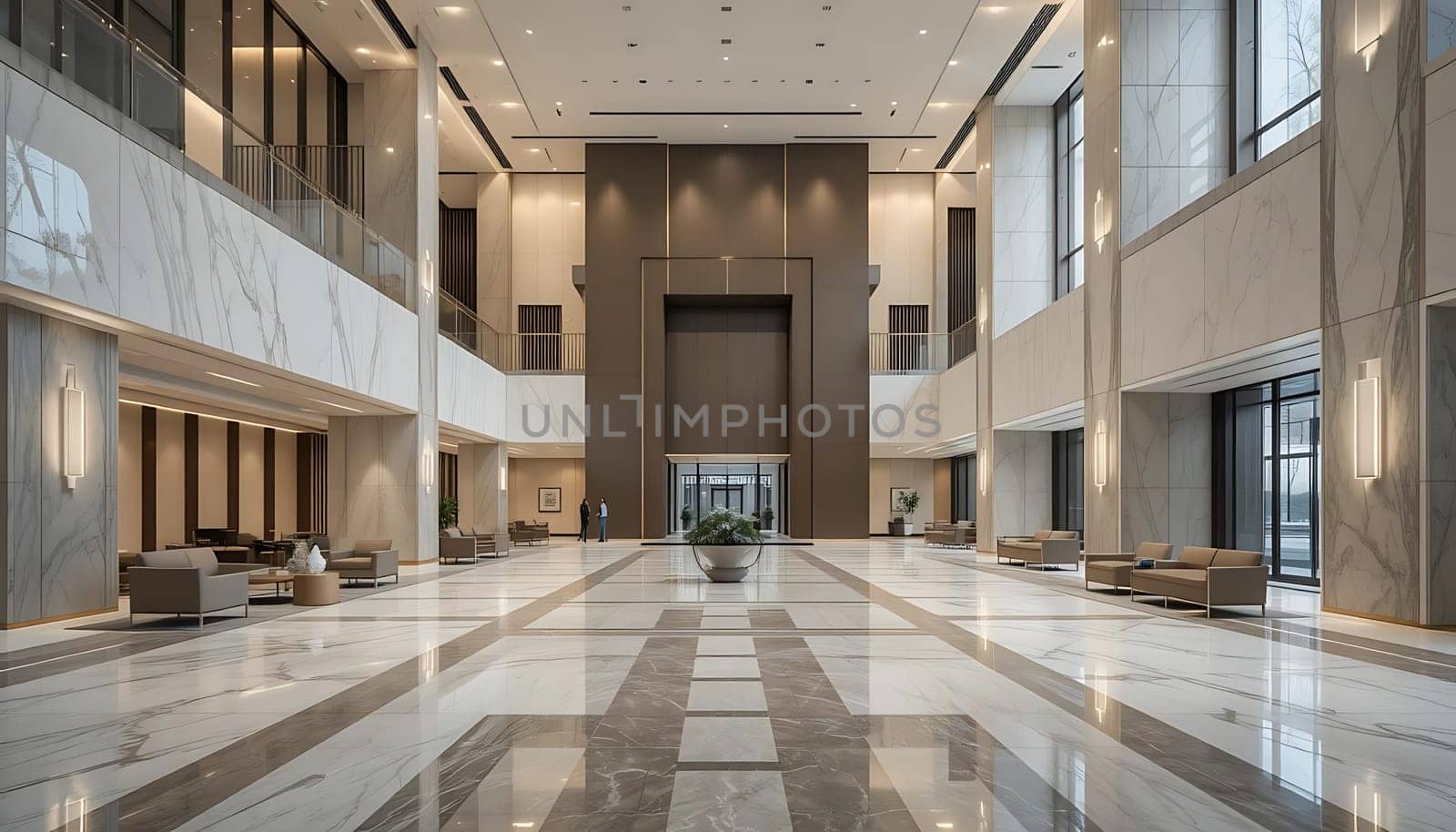 Gleaming marble stretches out endlessly, echoing footsteps whisper secrets. Towering columns and stark lines encase a hushed grandeur. The air hangs weighted with anticipation, as if waiting for a tale to unfold. A sense of quiet majesty and elegant solitude permeates the space.