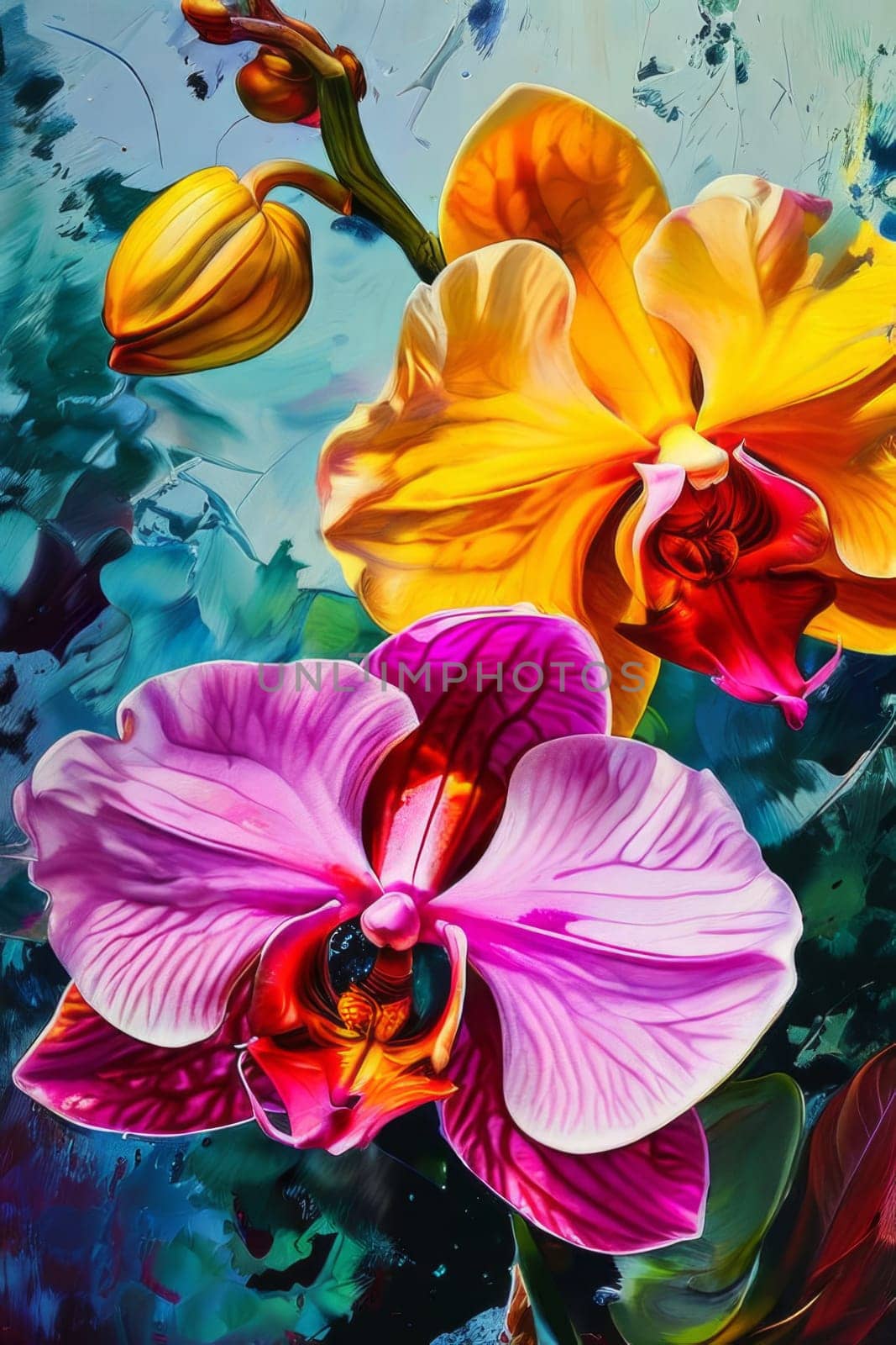 Vibrant yellow and purple orchids with lush green leaves, on deep starry backdrop, offering beautiful floral composition ideal for enhancing elegance in design projects