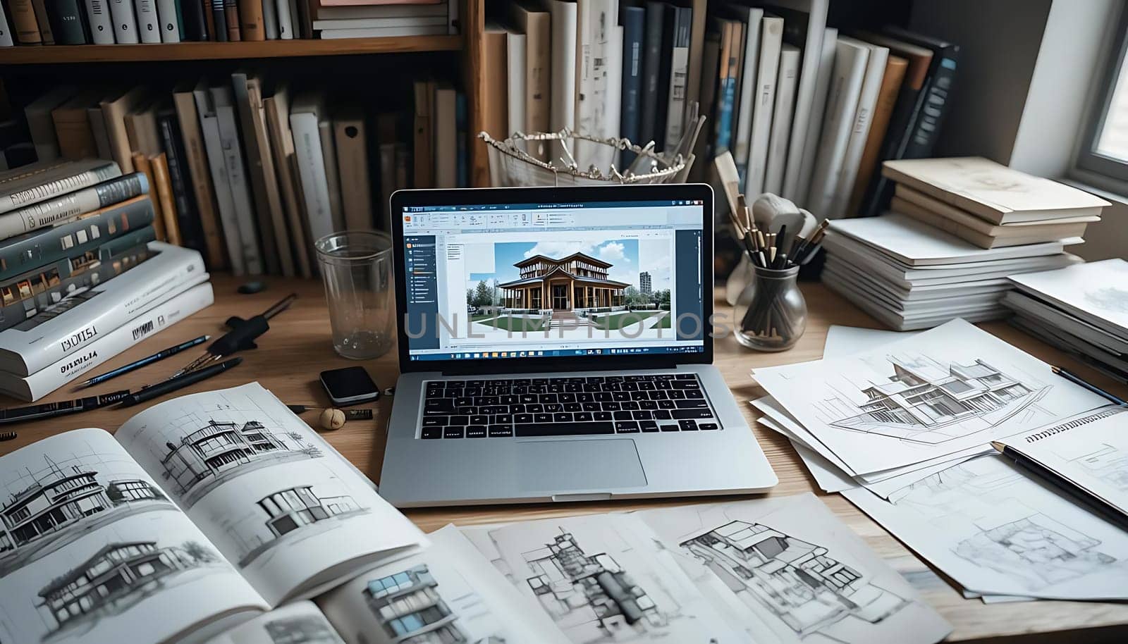 Cluttered yet cozy, a wood-paneled study pulses with creative energy. Books whisper wisdom; sketches sprawl, dreams in ink. The laptop's glow, a beacon amidst pencils and pages, reveals an architectural vision, hope and ambition carved in pixels. Inspiration breathes here, alive in every shadowed corner.