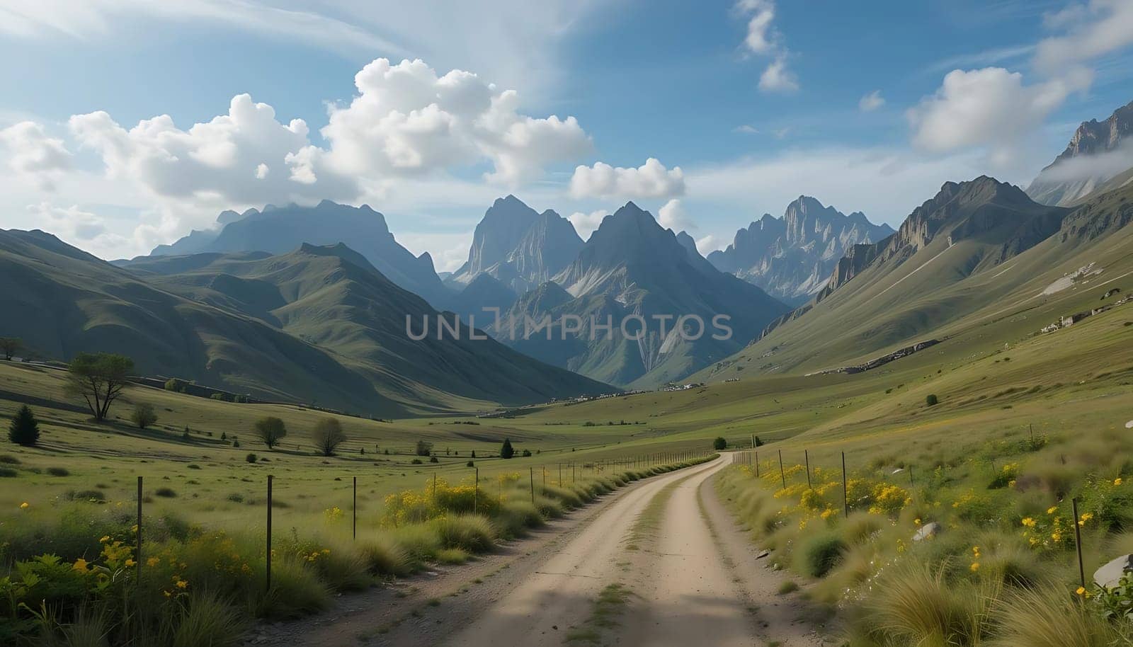 A serene path winds through verdant fields, leading to majestic peaks under a vast, cloud-kissed sky. Tranquility calls, whispering of solitude and wonder. The breeze carries the scent of wildflowers, as nature's embrace promises peace.