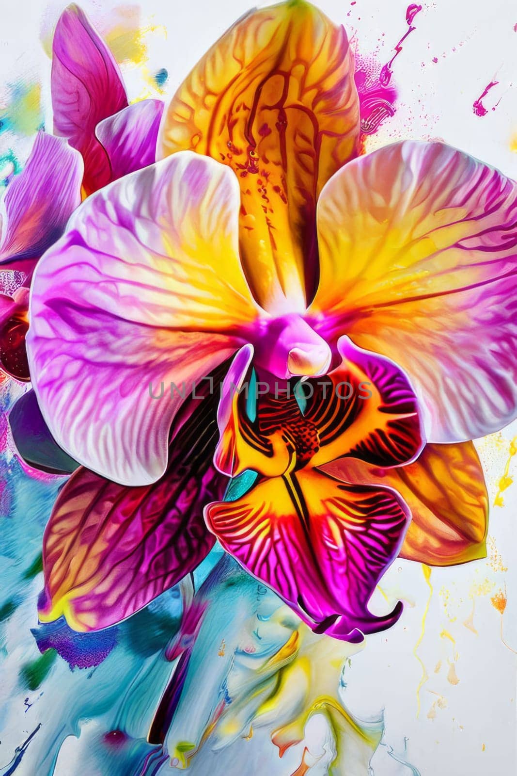 Intricate yellow and purple orchids with vivid green leaves, on dark starry background, creating perfect blend of elegance and natural beauty for floral art and designs