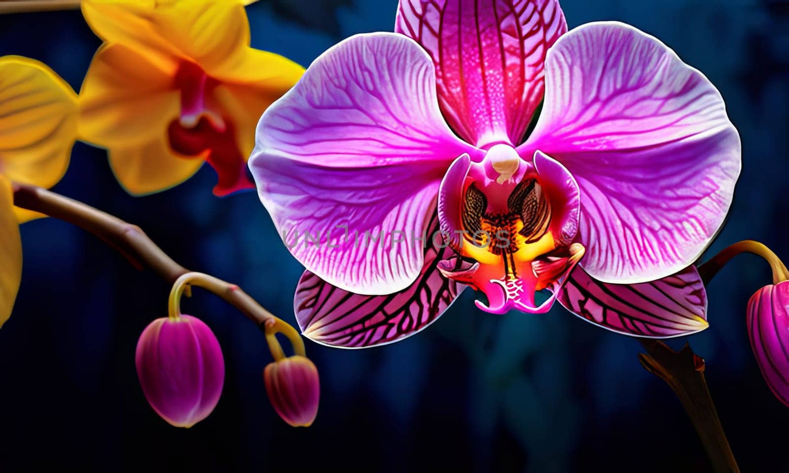 Intricate yellow and purple orchids with vivid green leaves, on dark starry background, creating perfect blend of elegance and natural beauty for floral art and designs