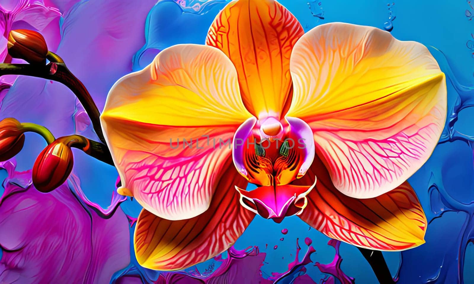 Intricate yellow and purple orchids with vivid green leaves, on dark starry background, creating perfect blend of elegance and natural beauty for floral art and designs