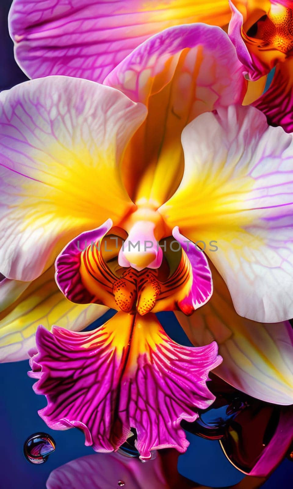 Intricate yellow and purple orchids with vivid green leaves, on dark starry background, creating perfect blend of elegance and natural beauty for floral art and designs