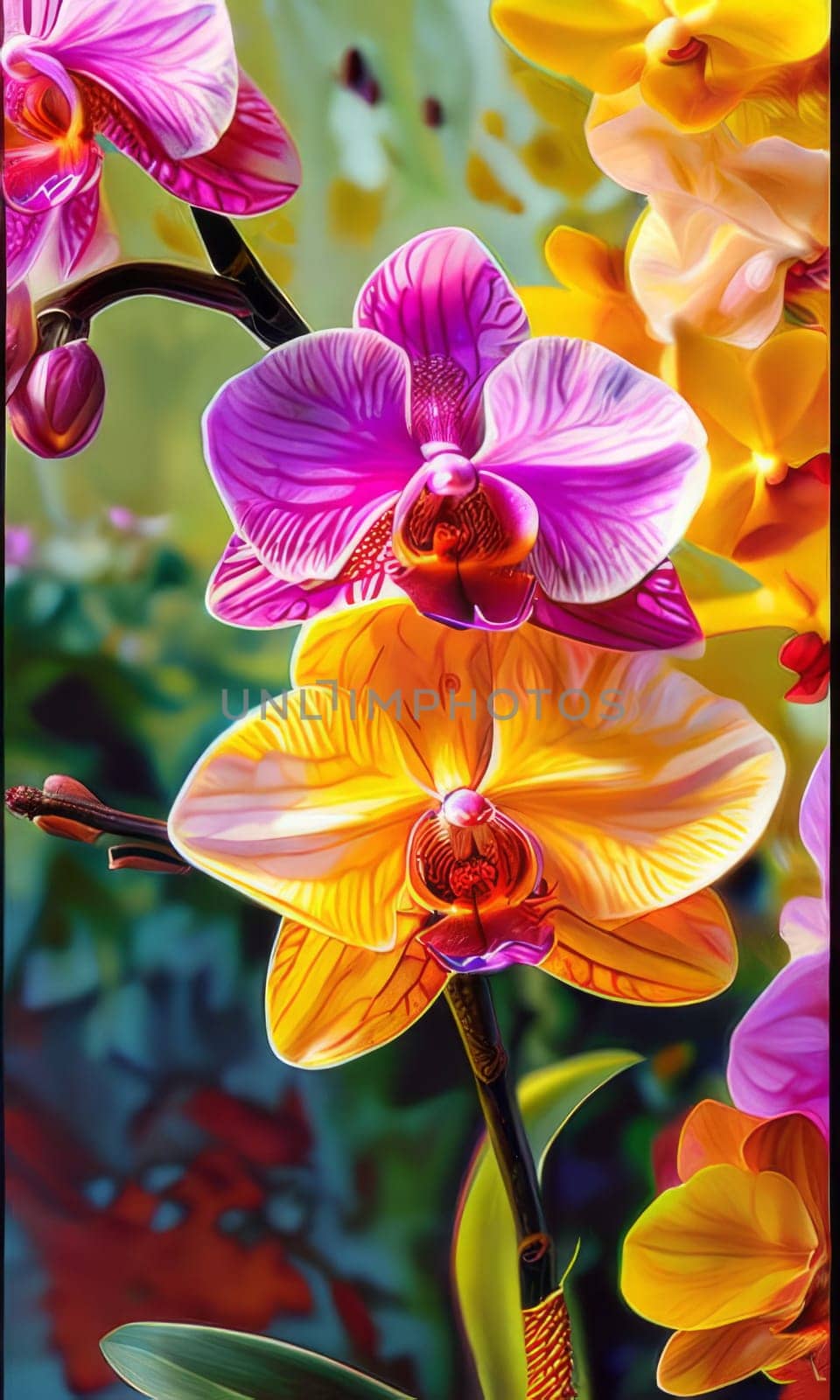 Intricate yellow and purple orchids with vivid green leaves, on dark starry background, creating perfect blend of elegance and natural beauty for floral art and designs