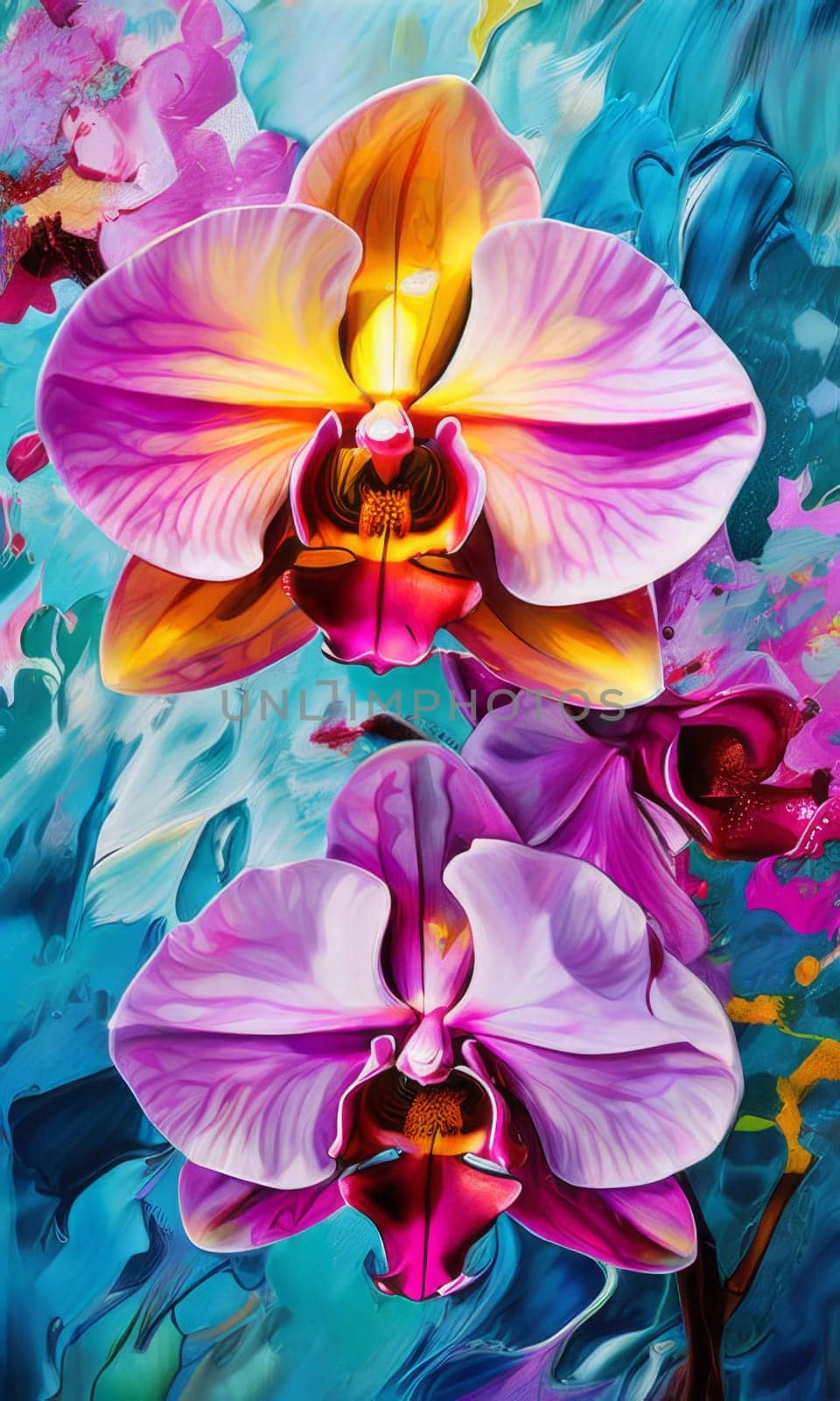 Intricate yellow and purple orchids with vivid green leaves, on dark starry background, creating perfect blend of elegance and natural beauty for floral art and designs