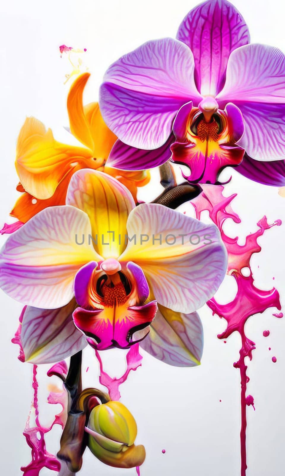 Intricate yellow and purple orchids with vivid green leaves, on dark starry background, creating perfect blend of elegance and natural beauty for floral art and designs