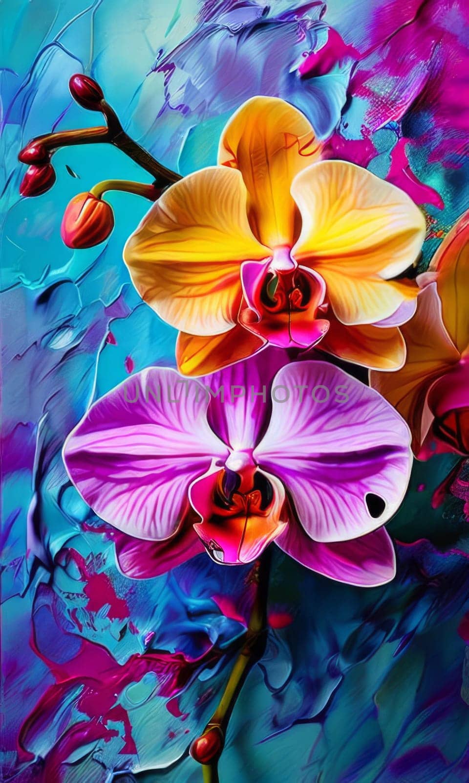 Intricate yellow and purple orchids with vivid green leaves, on dark starry background, creating perfect blend of elegance and natural beauty for floral art and designs