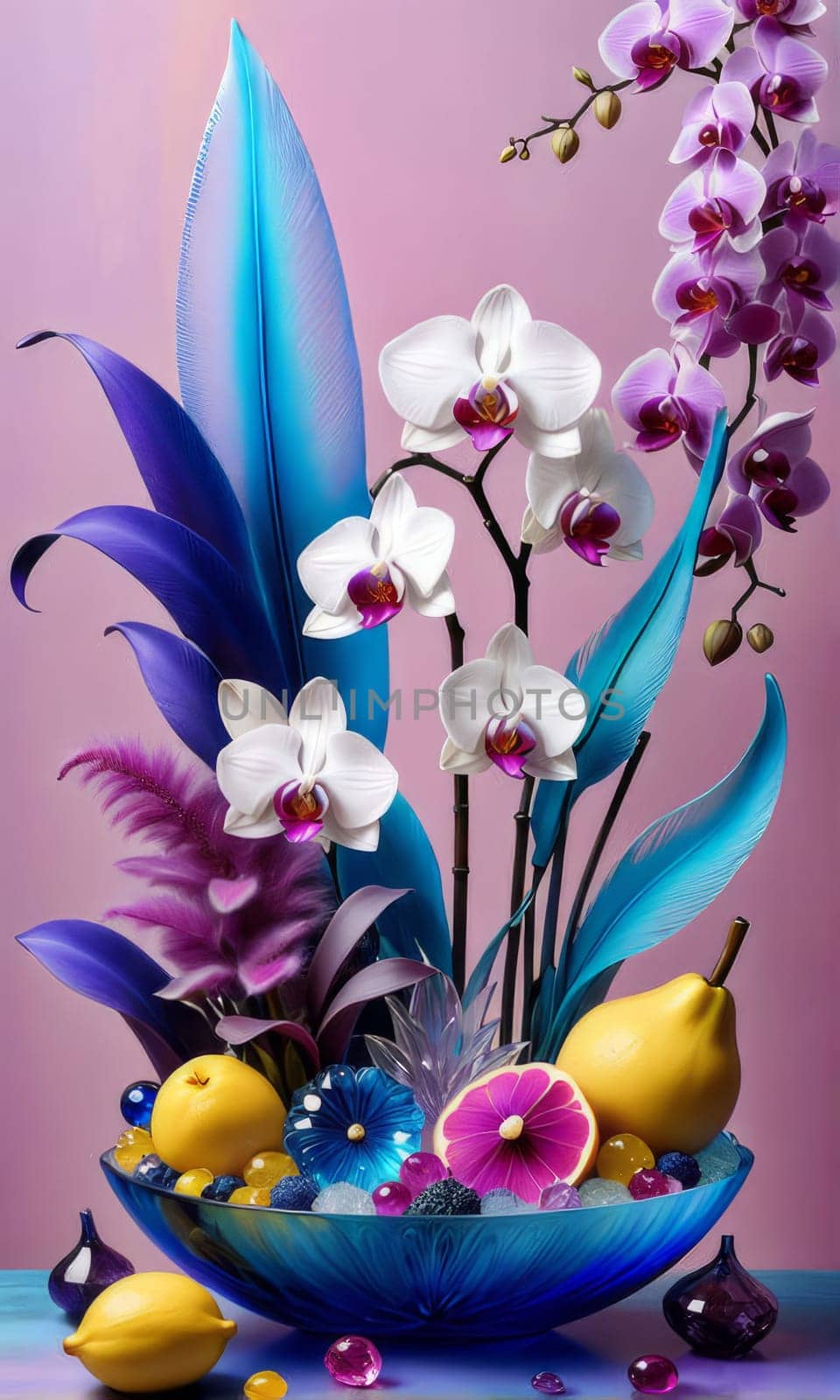 Vibrant orchids in glass vases with colorful crystals and lemons on soft pastel background. Perfect for floral, home decor, or interior design themes. Bright, elegant, and artistic composition