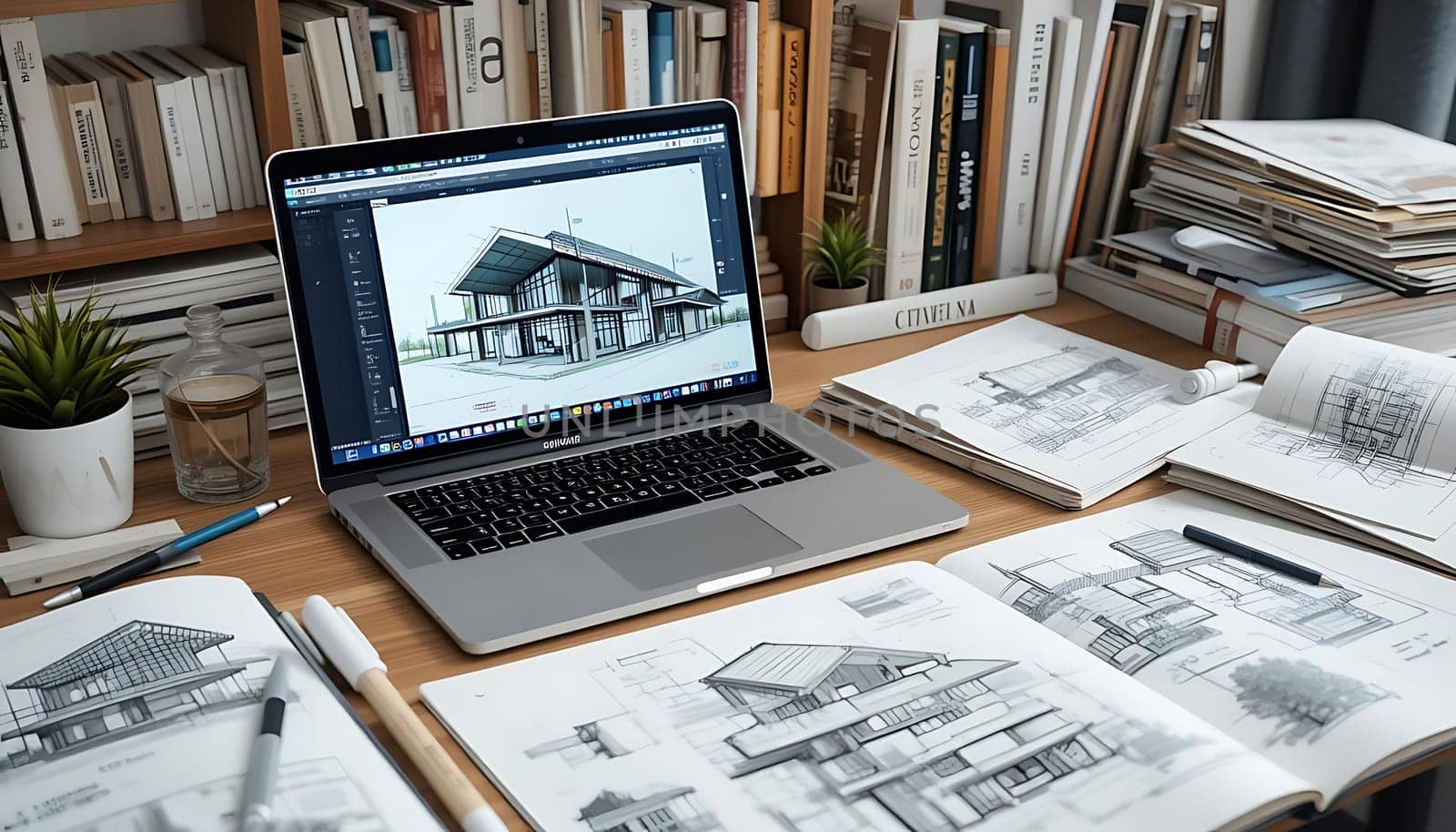 A serene studio, bathed in soft light. Pencil sketches whisper dreams of homes, while a digital vision glows on a sleek laptop. Surrounding books and blueprints hum tales of art and precision. Inspiration breathes here, where creativity dances with tranquility.