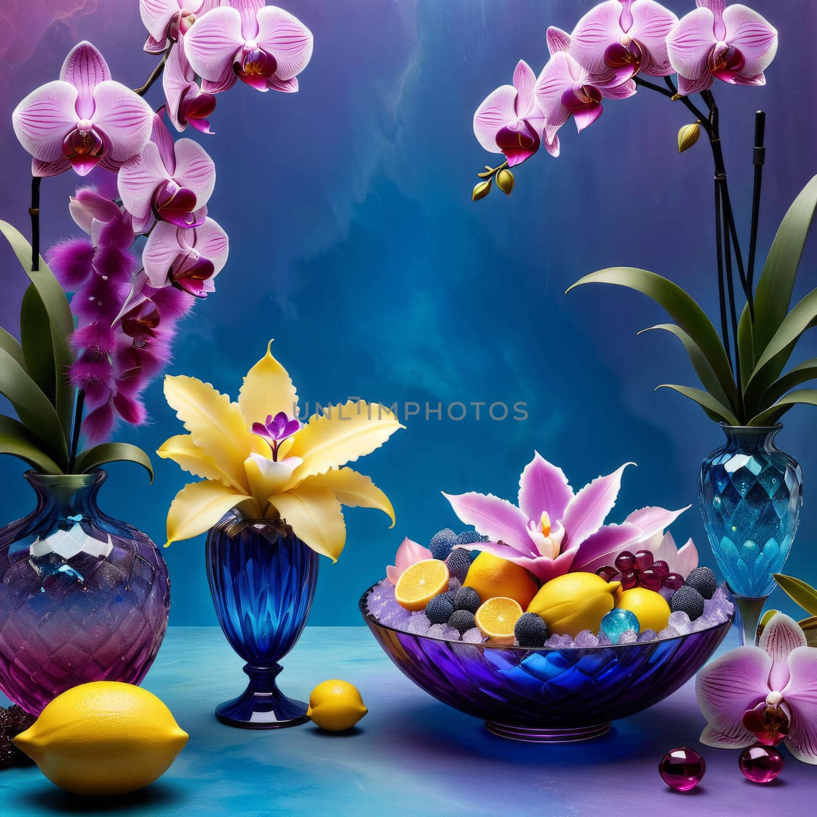 Vibrant orchids in glass vases with colorful crystals and lemons on soft pastel background. Perfect for floral, home decor, or interior design themes. Bright, elegant, and artistic composition