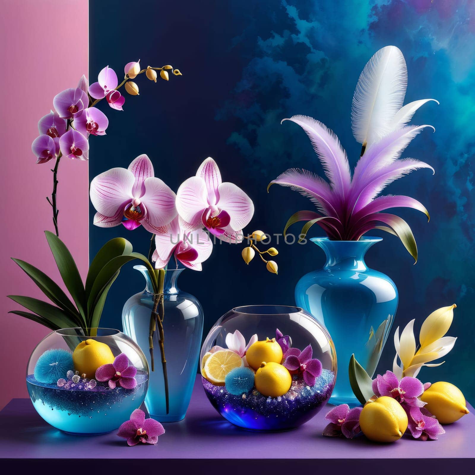 Vibrant orchids in glass vases with colorful crystals and lemons on soft pastel background. Perfect for floral, home decor, or interior design themes. Bright, elegant, and artistic composition