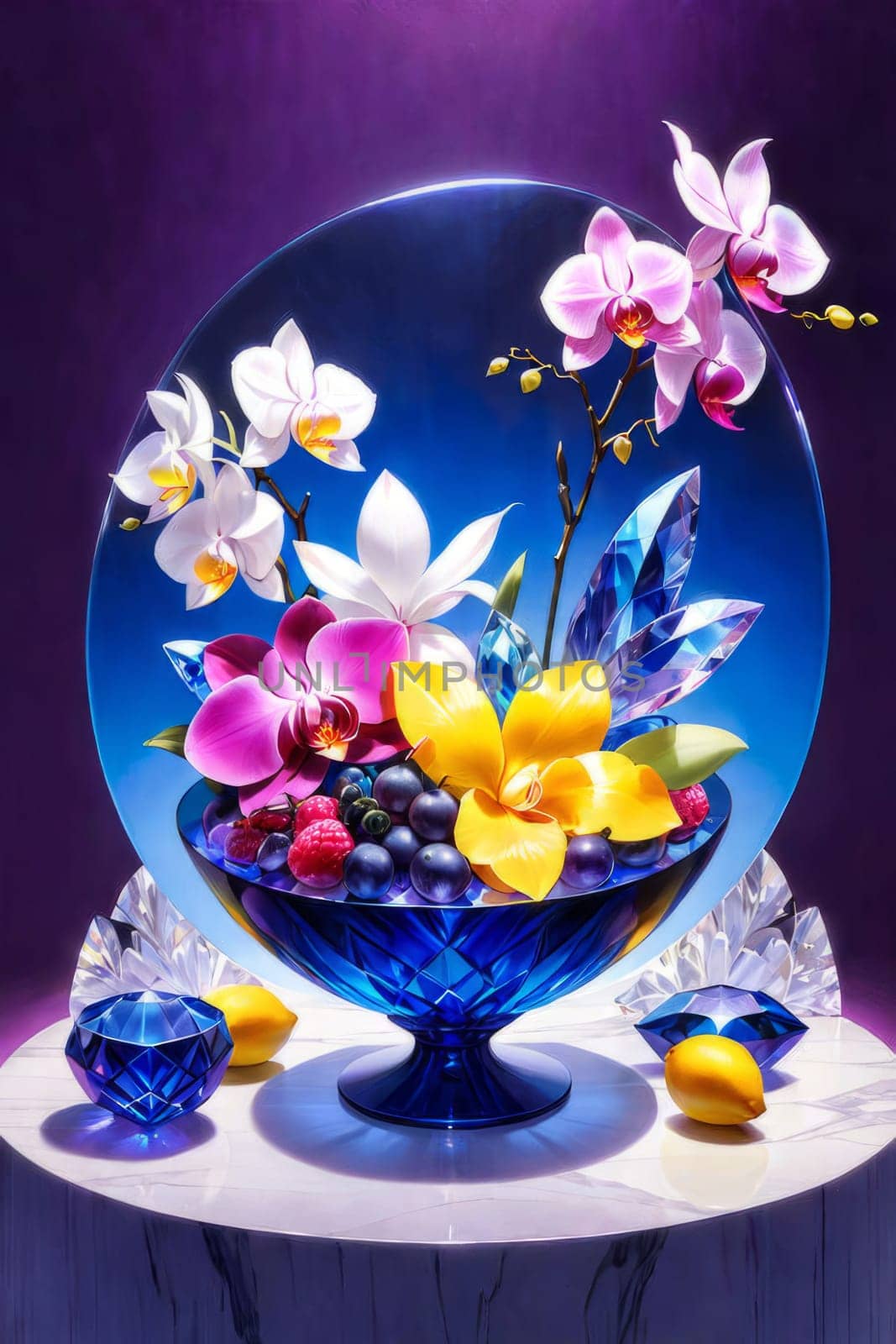 Vibrant orchids in glass vases with colorful crystals and lemons on soft pastel background. Perfect for floral, home decor, or interior design themes. Bright, elegant, and artistic composition