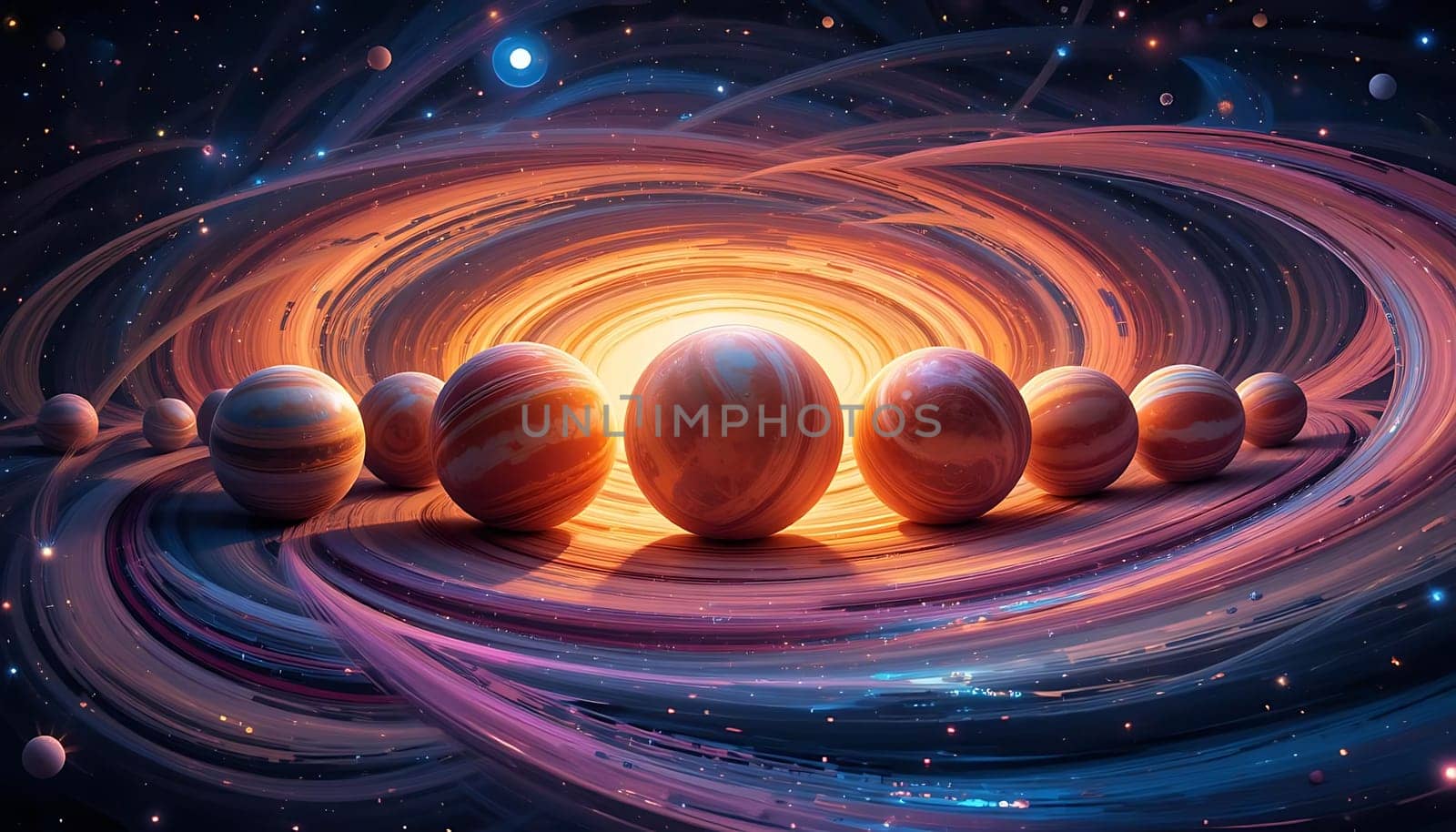 Swirling cosmic ballet of fiery orbs dances amidst celestial whispers. Eternal light ignites the void, as planets embrace in harmonious spin. Awe and wonder ignite the soul.