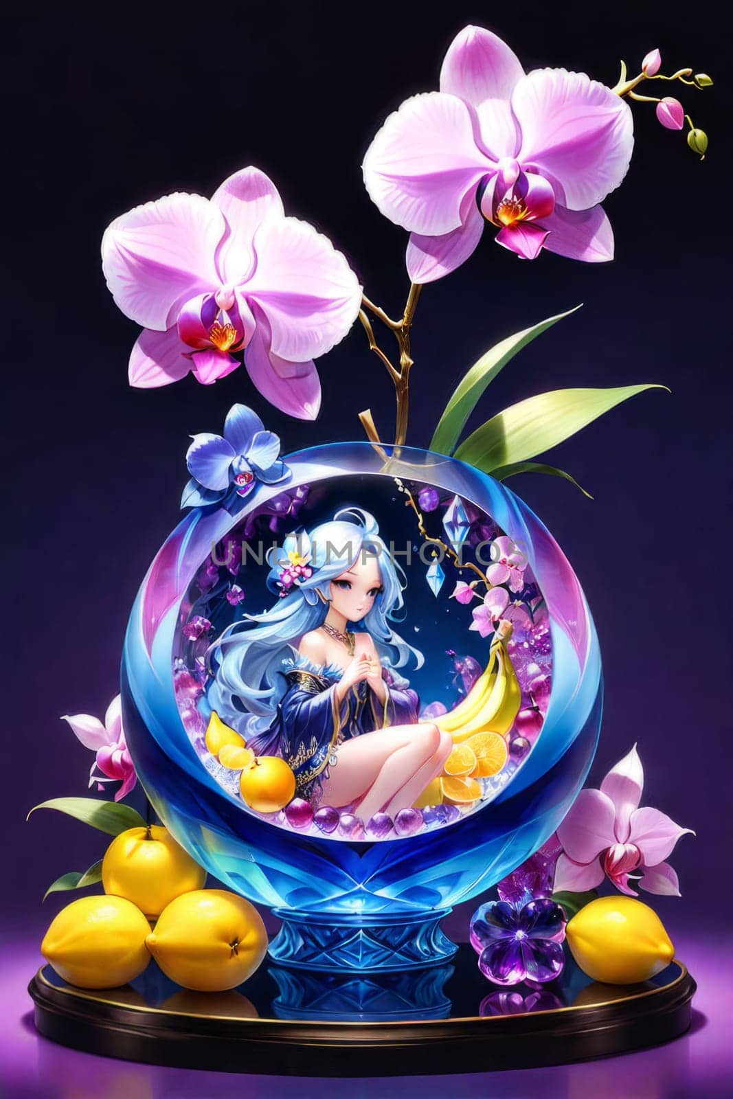 Elegant blend of purple and yellow orchids in crystal vases, accompanied by lemons and decorative beads. Soft pastel backdrop enhances visual appeal for floral or interior decor themes
