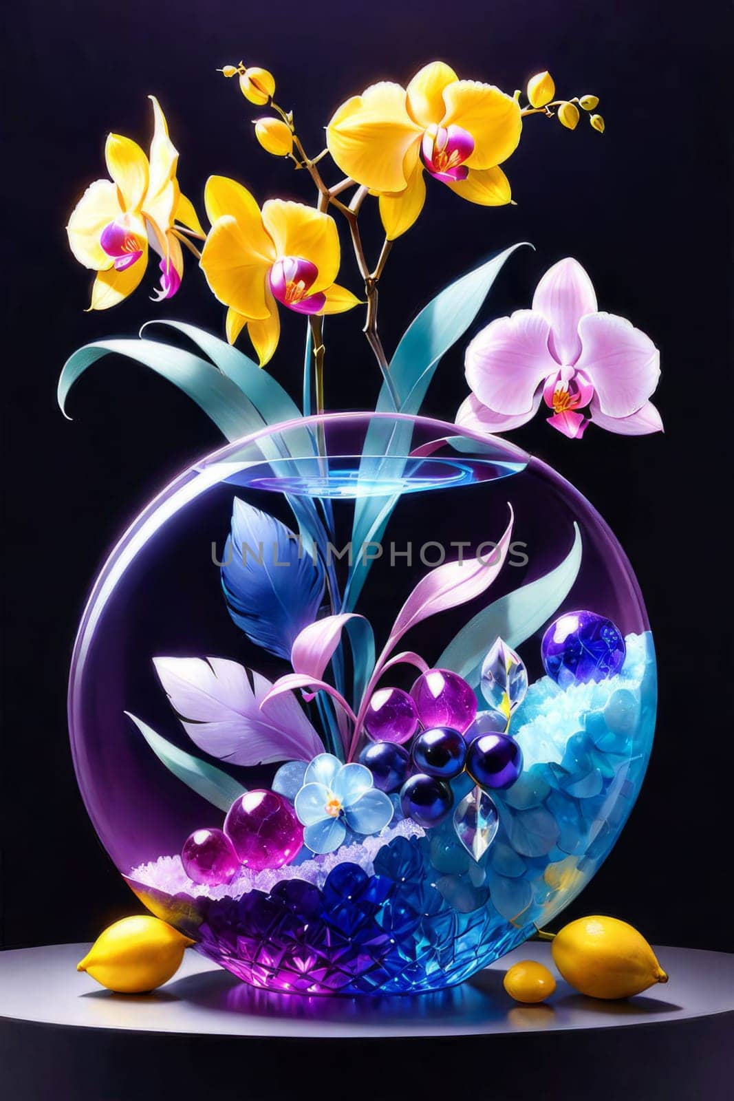 Elegant blend of purple and yellow orchids in crystal vases, accompanied by lemons and decorative beads. Soft pastel backdrop enhances visual appeal for floral or interior decor themes