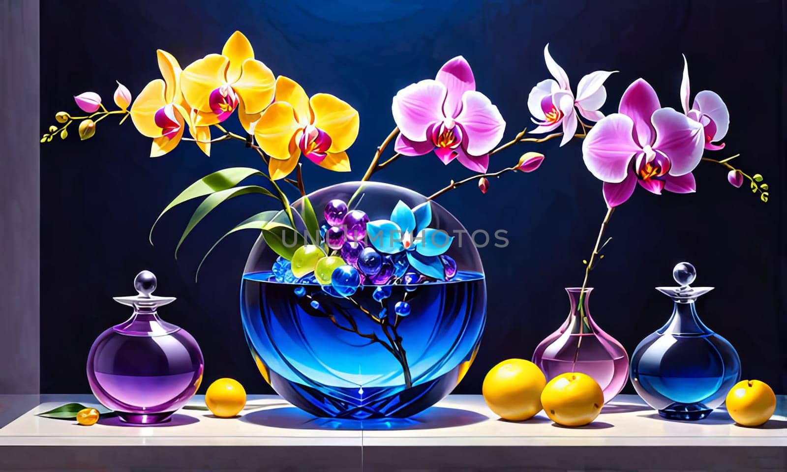Elegant blend of purple and yellow orchids in crystal vases, accompanied by lemons and decorative beads. Soft pastel backdrop enhances visual appeal for floral or interior decor themes