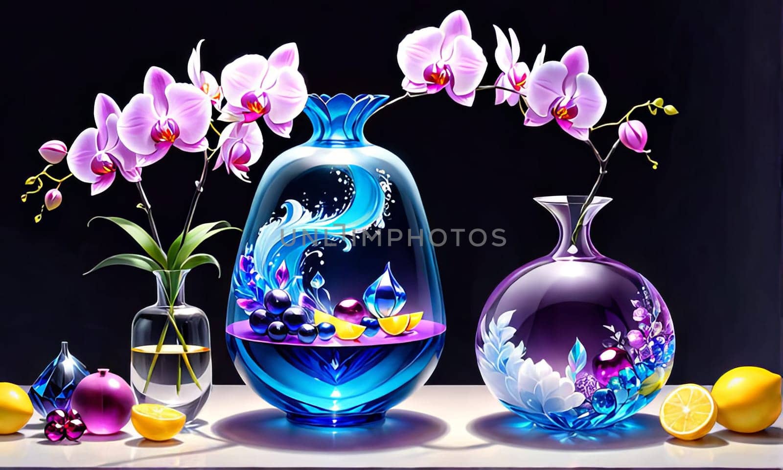Elegant blend of purple and yellow orchids in crystal vases, accompanied by lemons and decorative beads. Soft pastel backdrop enhances visual appeal for floral or interior decor themes