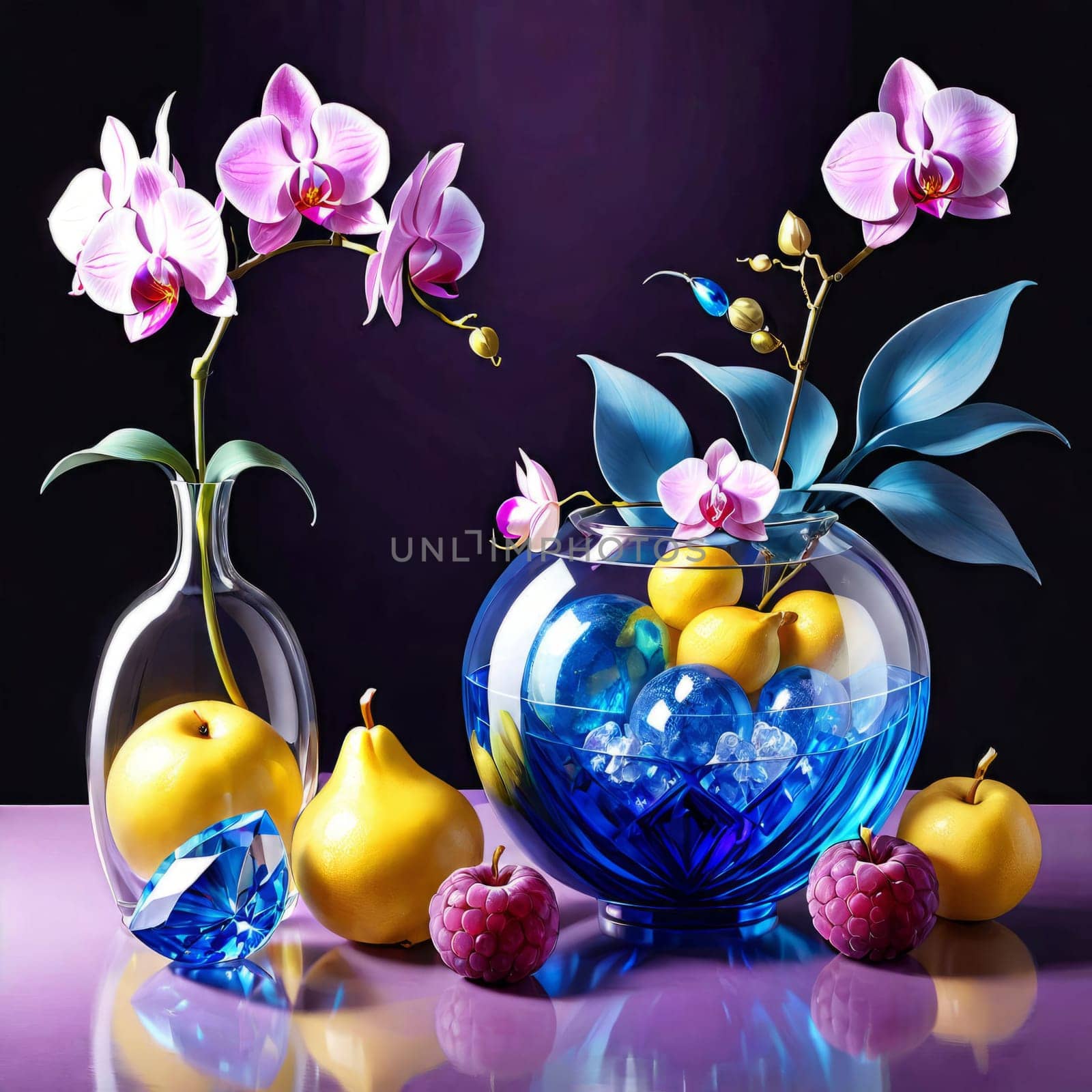 Exquisite floral arrangement of vivid orchids in glass vases with lemons and colorful crystals. Ideal for home decor, floral art, or lifestyle concepts. Soft pastel gradient adds charm