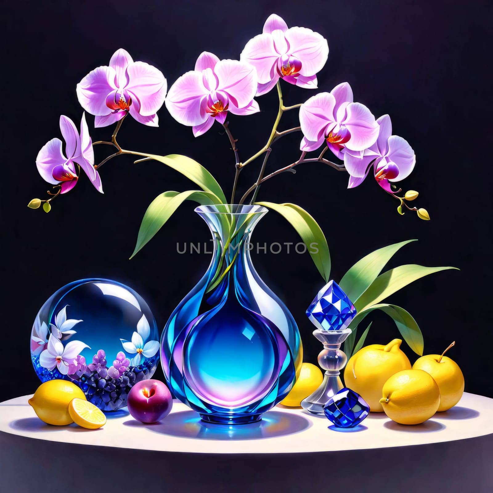 Exquisite floral arrangement of vivid orchids in glass vases with lemons and colorful crystals. Ideal for home decor, floral art, or lifestyle concepts. Soft pastel gradient adds charm