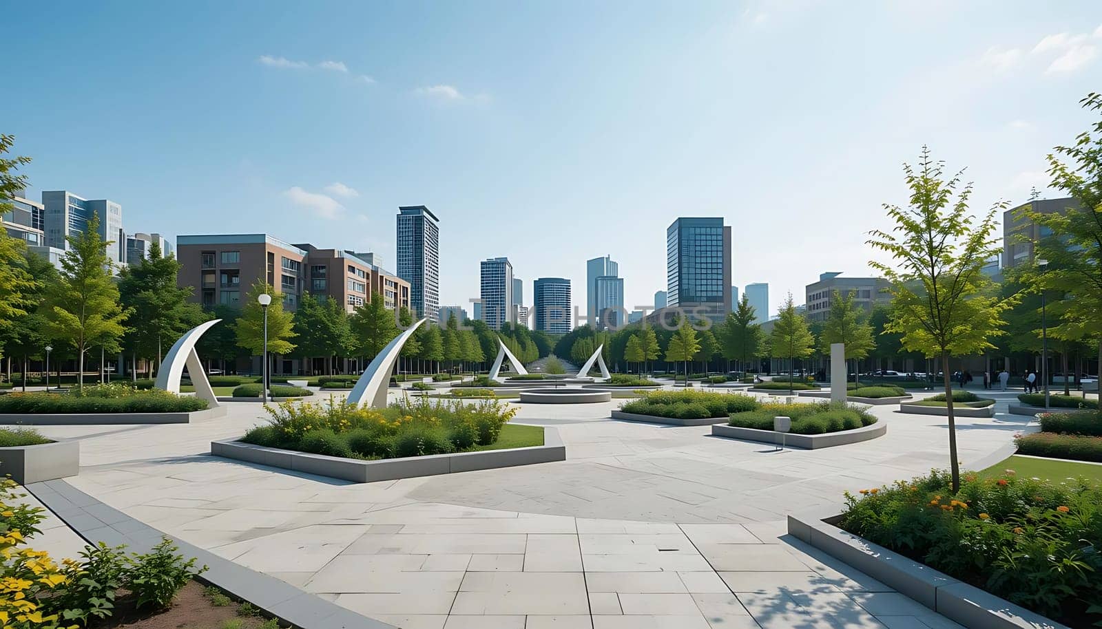 Crisp air fills the lungs as sunlight bathes the serene plaza. Modern structures stand sentinel, their glass gleaming against the blue sky. Leaves rustle gently, whispering secrets of the city's heart. Time slows, inviting calm and introspection amidst the urban oasis.