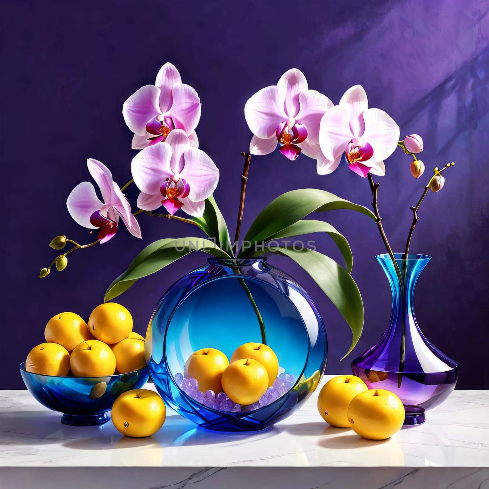 Exquisite floral arrangement of vivid orchids in glass vases with lemons and colorful crystals. Ideal for home decor, floral art, or lifestyle concepts. Soft pastel gradient adds charm