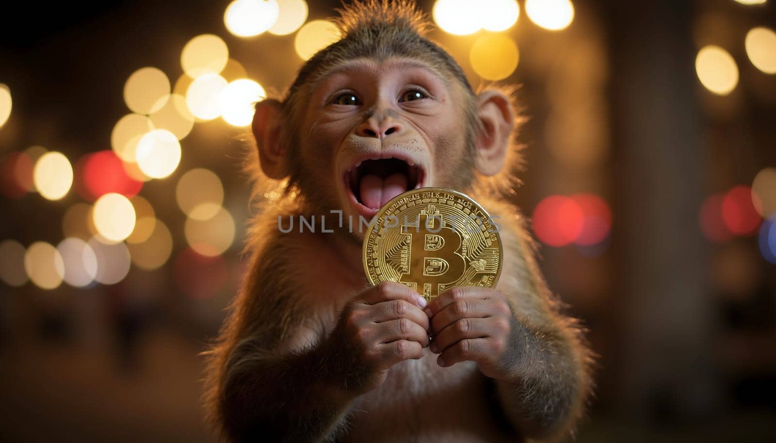 A monkey is holding a gold coin in its mouth