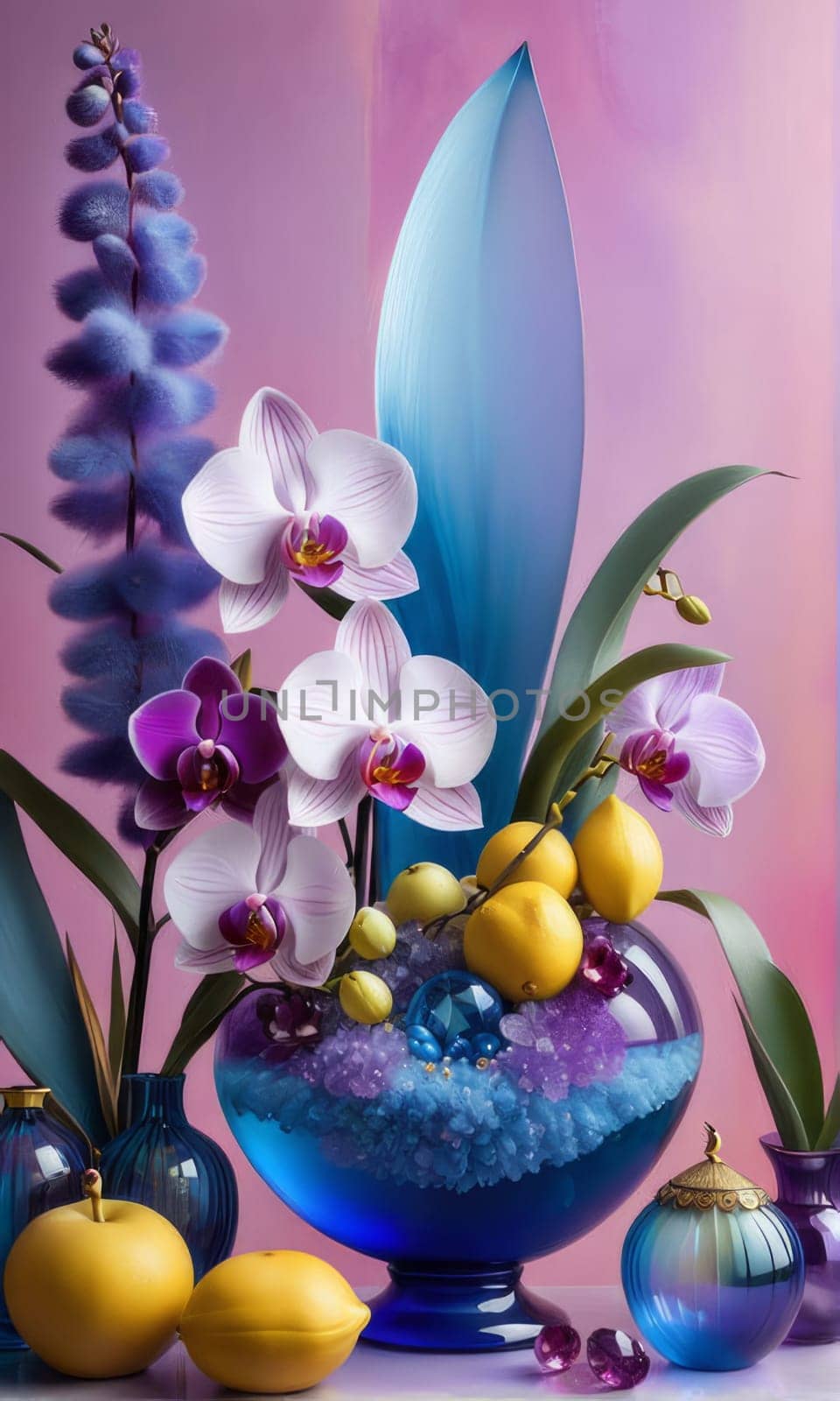 Stunning display of orchids in crystal vases with lemons on pastel background. Perfect for elegant home decor, floral themes, or art prints. Vibrant colors and artistic composition