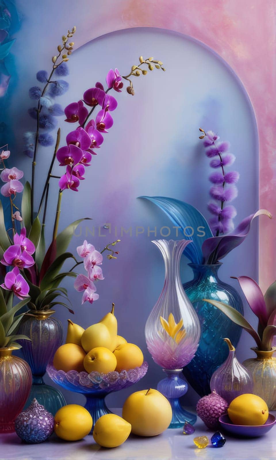 Stunning display of orchids in crystal vases with lemons on pastel background. Perfect for elegant home decor, floral themes, or art prints. Vibrant colors and artistic composition