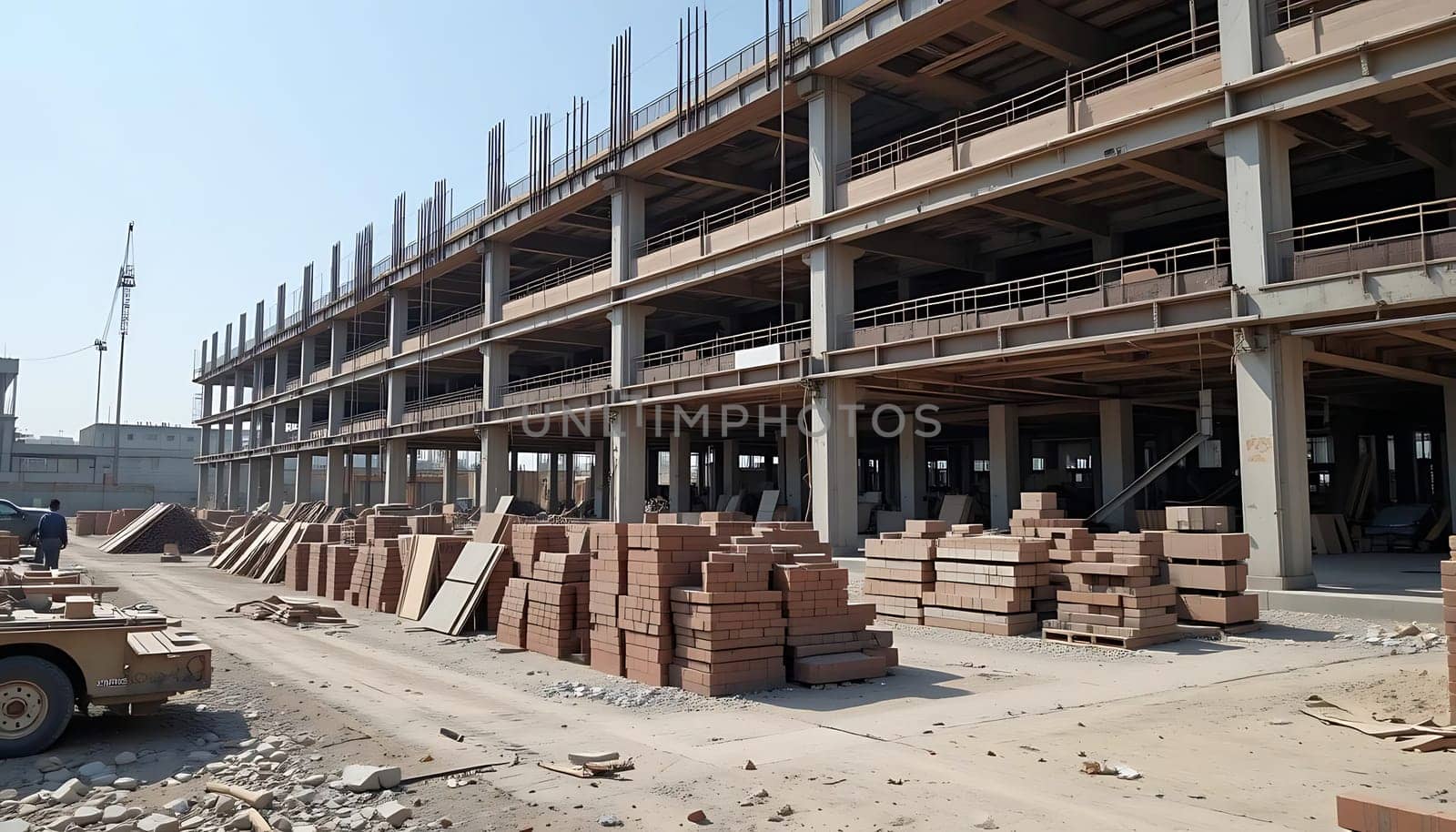 Beneath an endless sky, skeletal beams reach upward, a monument to progress, standing amidst dust and scattered bricks. A symphony of silence and promise lingers, as the sun beats down on the unfolding dream. The stark emptiness echoes with future hopes and unseen stories waiting to unfold.