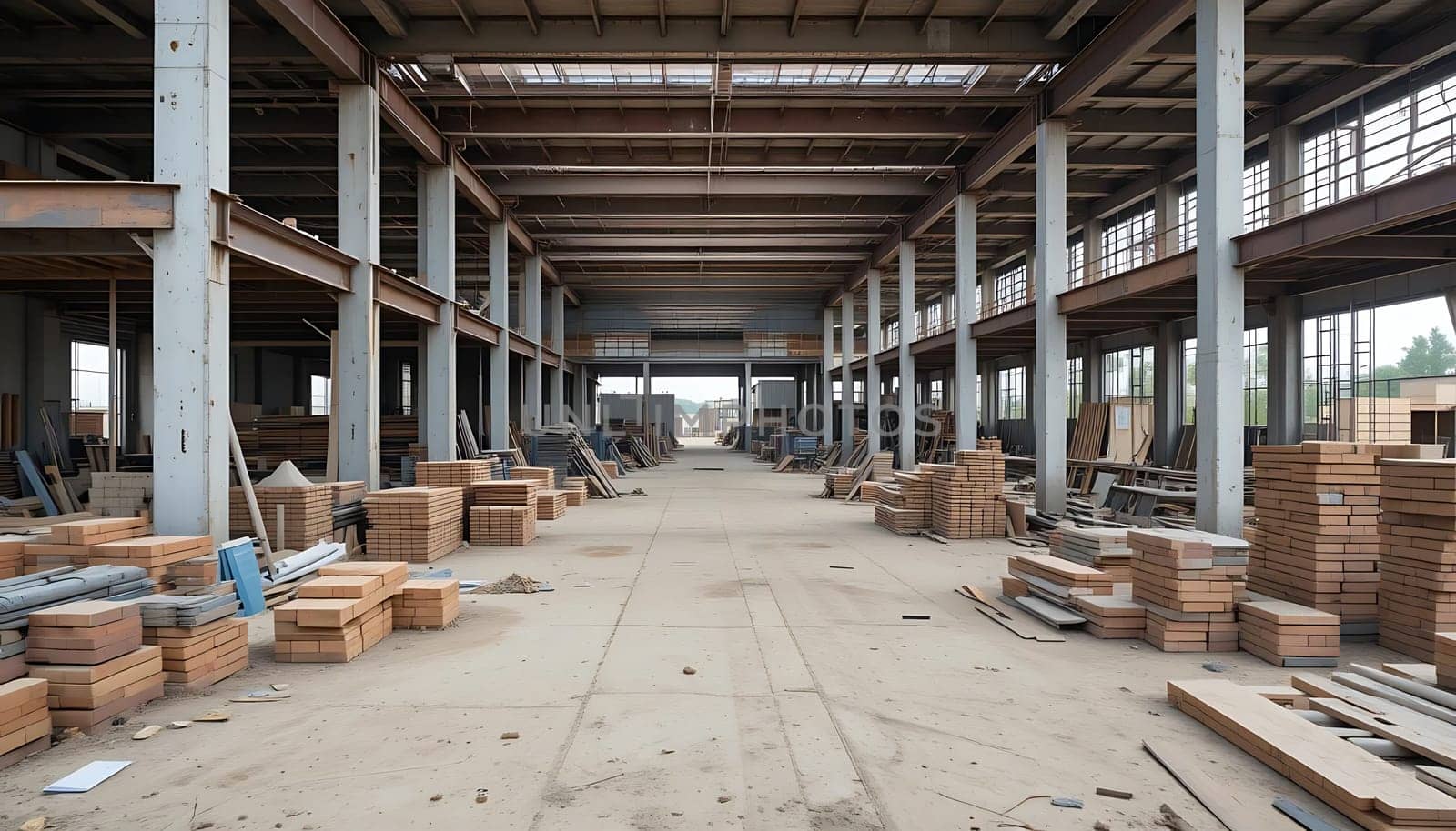 Stark steel beams loom over a vast, silent warehouse. Piles of abandoned materials whisper of forgotten dreams. An echo of emptiness lingers, evoking a sense of industrial desolation and melancholic stillness.