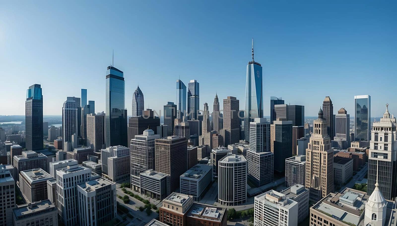 Towering spires pierce the calm blue sky, a symphony of glass and steel singing of ambition and progress. Beneath, shadows dance with sunlight on city streets, echoing the silent bustle of dreams unfolding. Awe and possibility breathe life into every stern corner of this urban jungle.