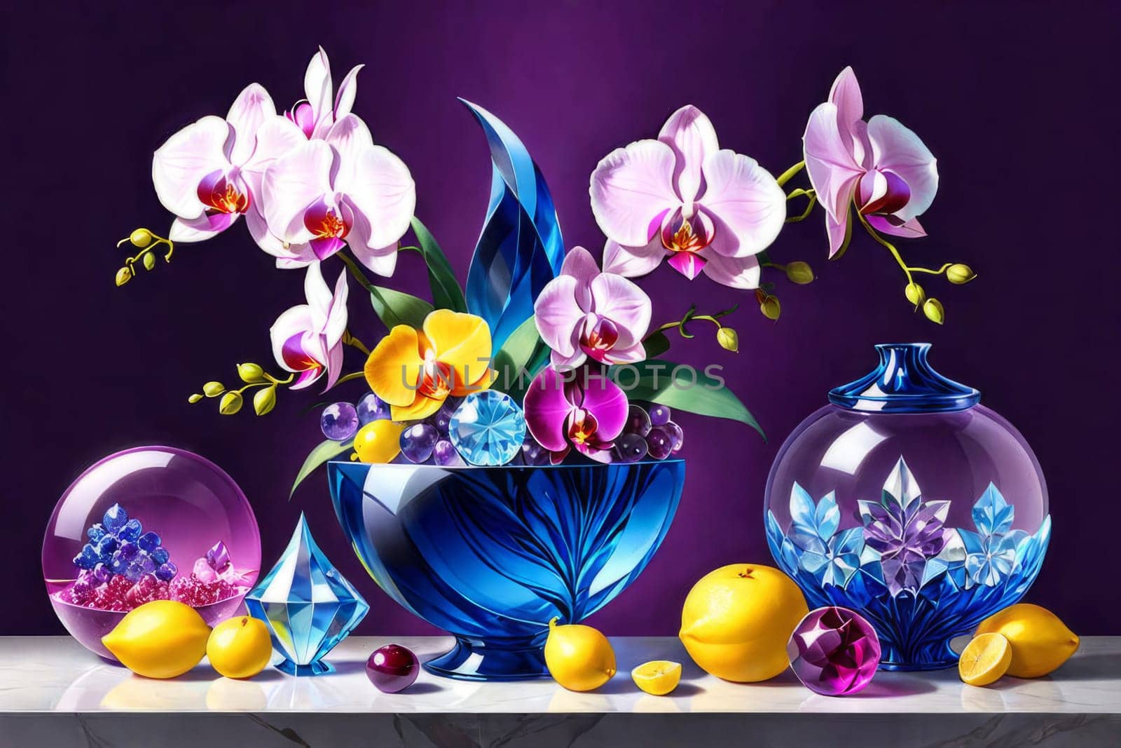 Orchids in various shades, placed in glass vases alongside lemons and crystals. Soft pastel background complements floral arrangement. Perfect for decor, interior design, or lifestyle themes