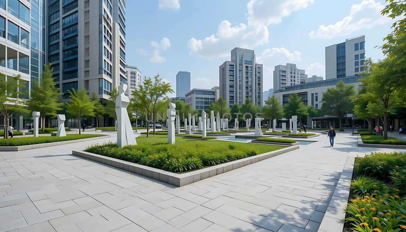 A serene urban oasis nestled amidst towering structures, where sunlight dapples through lush greenery and tranquil water features. The cool stone paths and gentle rustle of leaves create a peaceful sanctuary, inviting quiet reflection amidst city bustle.