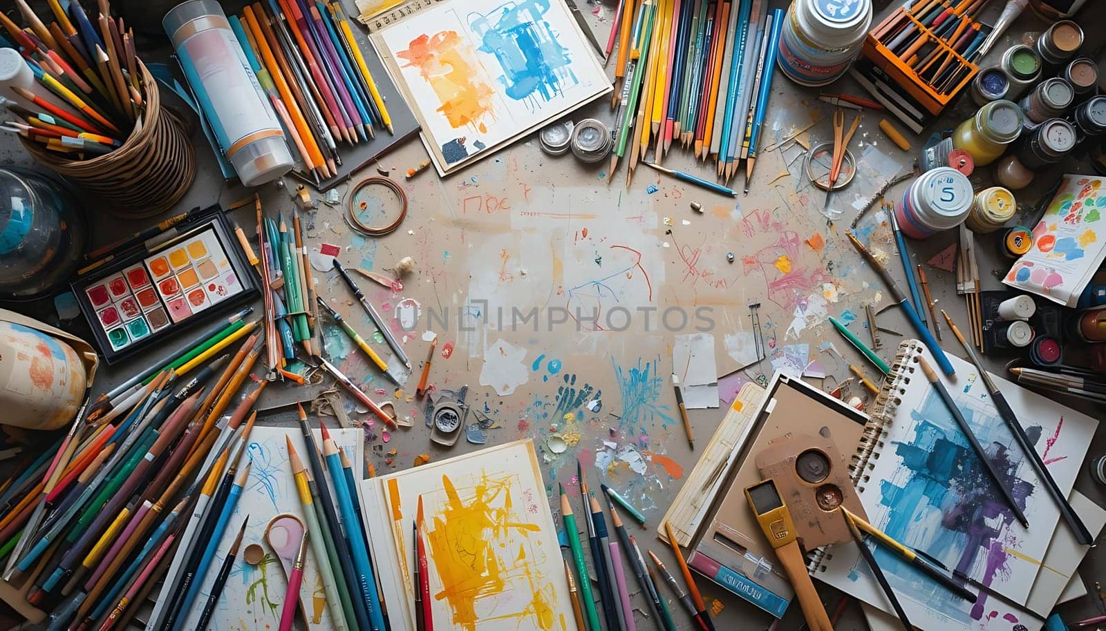 A whirlwind of color, chaos, and creativity sprawls across the canvas of a well-worn table. Paint splatters and pencil shavings dance with dreams taking form. Each brushstroke and smudge whispers tales of passion and relentless imagination, evoking a sense of frenzied joy and artistic freedom.