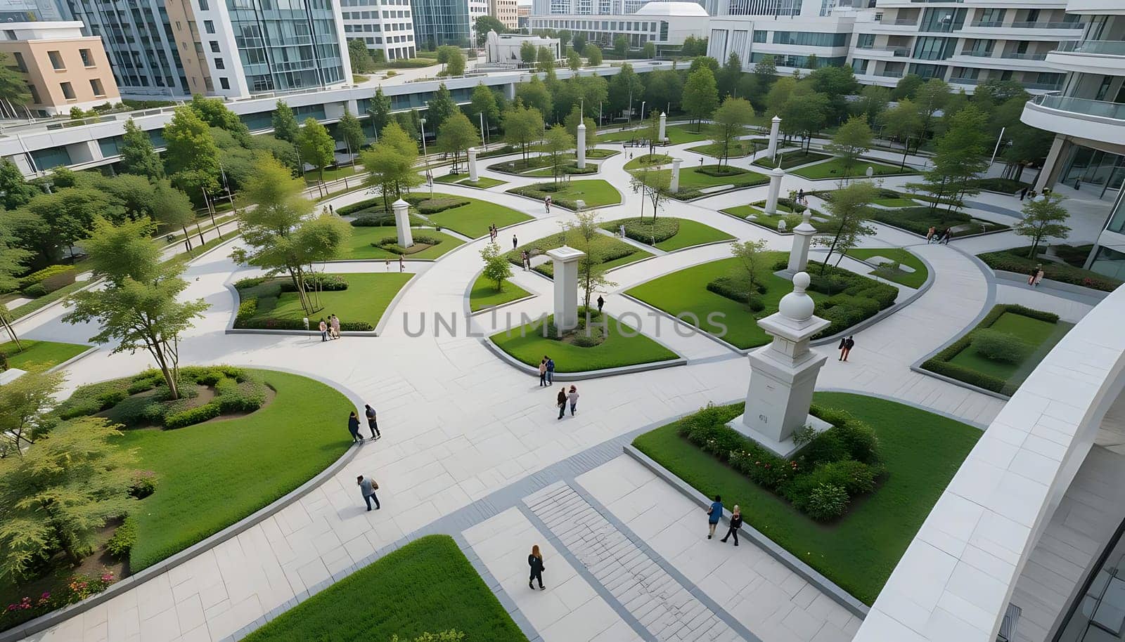 Sunlight dances on sleek paths as whispers of laughter echo. Lush greenery breathes life into the modern expanse, while elegant pillars stand as timeless sentinels. Tranquility embraces the bustling solace of urban escape.