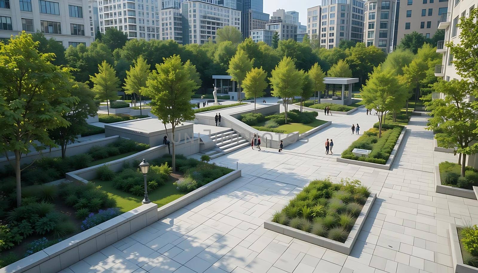 Sunlit plaza, tranquil amidst towering buildings. Whispers of leaves, soft laughter of distant strangers. A serene escape, where nature and urban life embrace, invoking calm and connection.