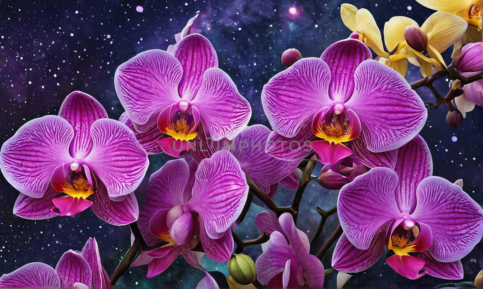 Colorful orchid close-up, bold purple and pink, detailed petals, perfect for floral art, nature themes, vibrant backgrounds, or exotic decor inspirations