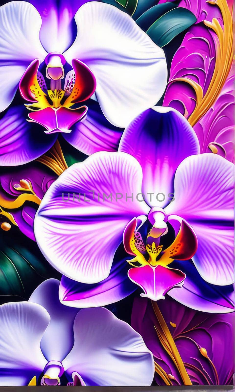 Beautiful orchid artwork, bold colors, intricate floral pattern, ideal for nature-inspired designs, artistic backgrounds, vibrant decor, or botanical themes